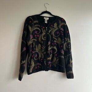 Vintage Floral Embroidered Black Cardigan
